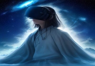 星际娱乐VR沉浸体验馆展示，用户佩戴VR设备在虚拟宇宙空间中漫游，科技感震撼